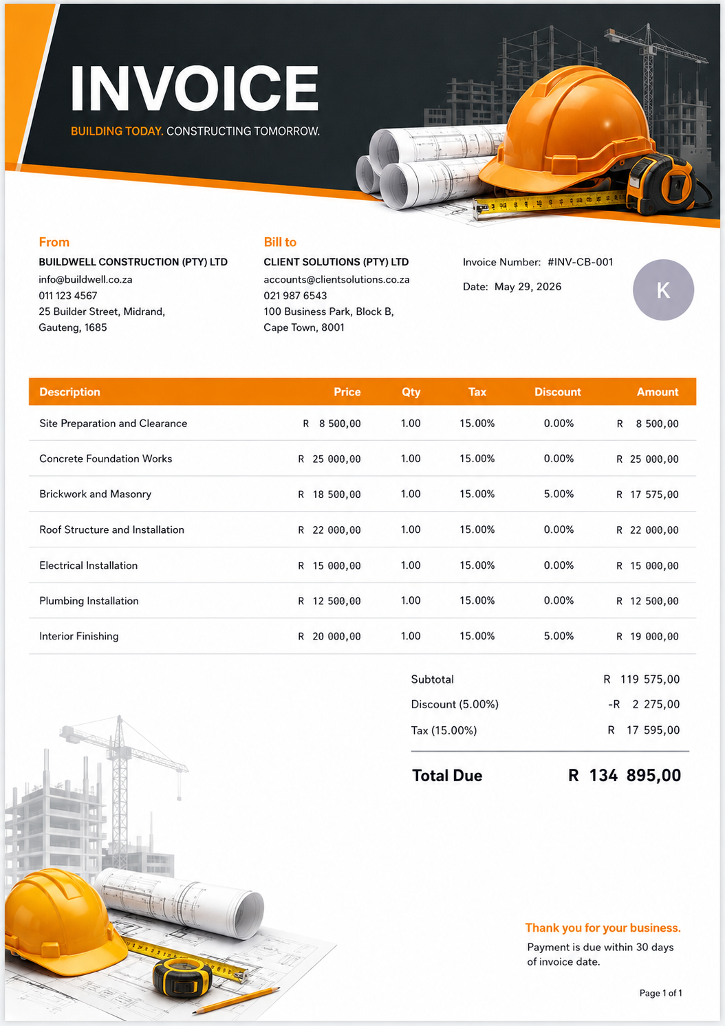 Construction Build invoice template sample